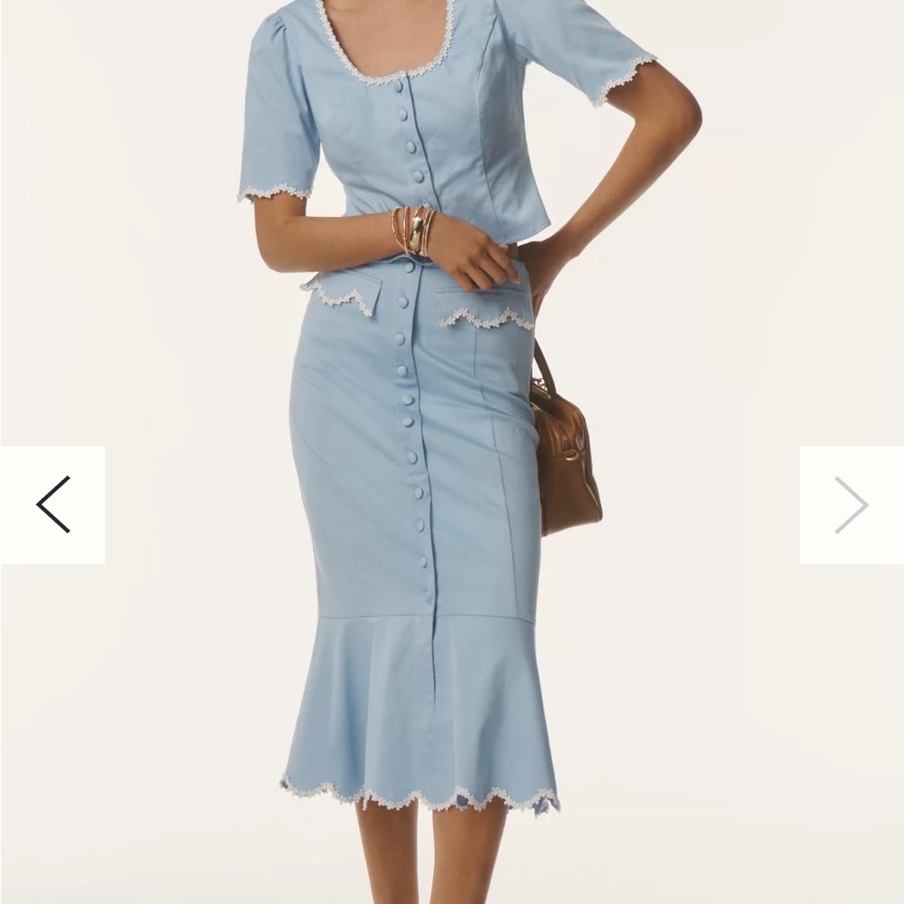 Maeve Light Blue Midi Blouse Top & Peplum Midi Skirt